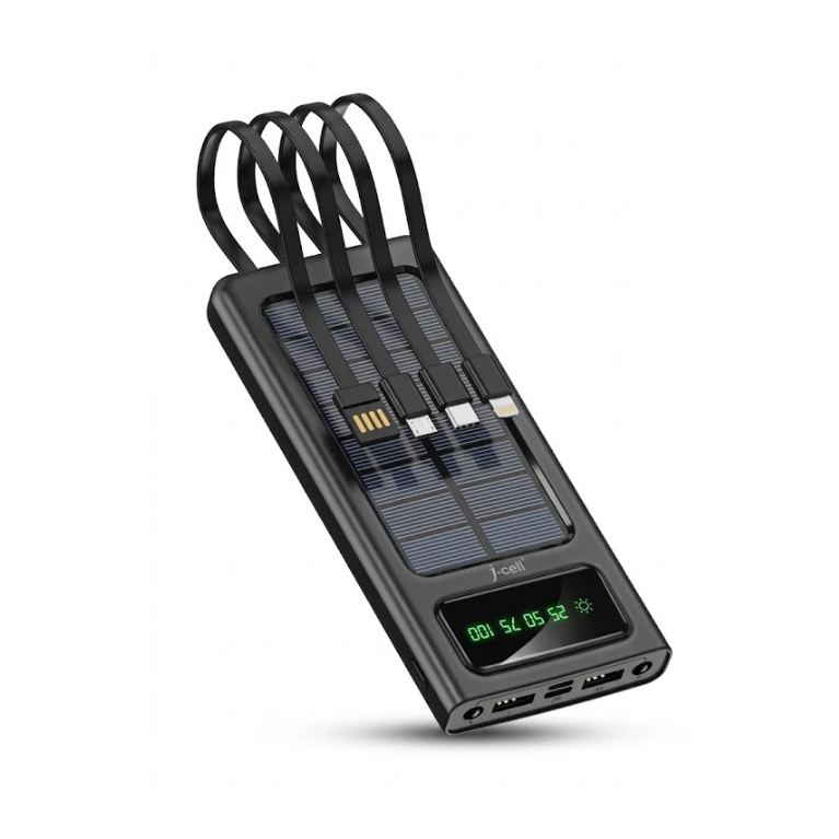 10,000mAh Solar Power Bank with Built-in Cables - All-in-One Portable Charger