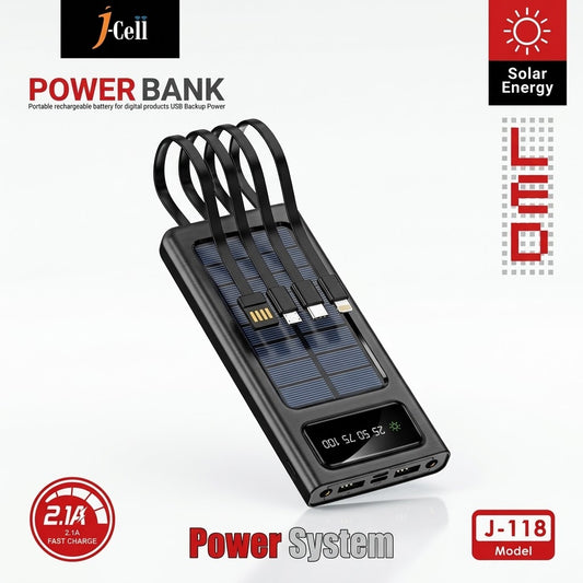 10,000mAh Solar Power Bank with Built-in Cables - All-in-One Portable Charger