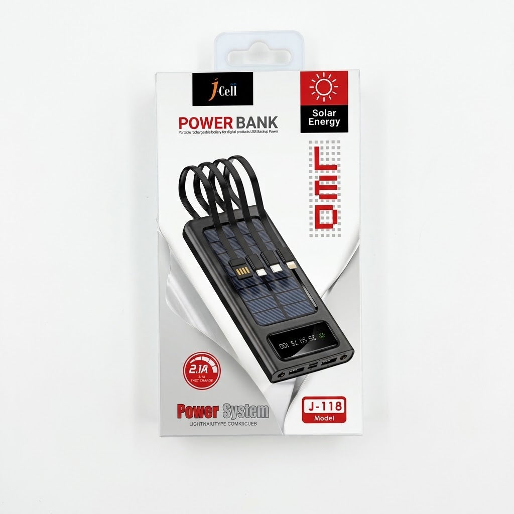 10,000mAh Solar Power Bank with Built-in Cables - All-in-One Portable Charger